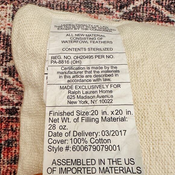 NEW RALPH LAUREN Large Woven Cream Bed Pillow / Couch Pillow – 20" x 20" - Picture 5 of 9